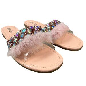Faux Fur & Rhinestone Embellished Pink Slide Sandals Miss Lola Size 9 Slip On